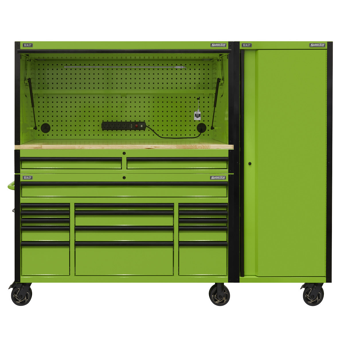 Superline PRO Black Edition Mobile Trolley with Wooden Worktop, Hutch, 2 Drawer Riser & Side Locker 15 Drawer 1549mm AP6115BECOMBO2