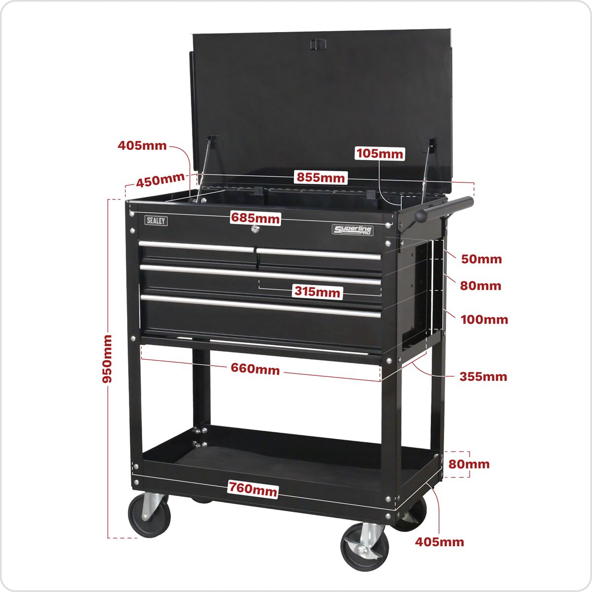 Sealey Heavy-Duty Mobile Tool & Parts Trolley with 4 Drawers & Lockable Top - Black - Image 6