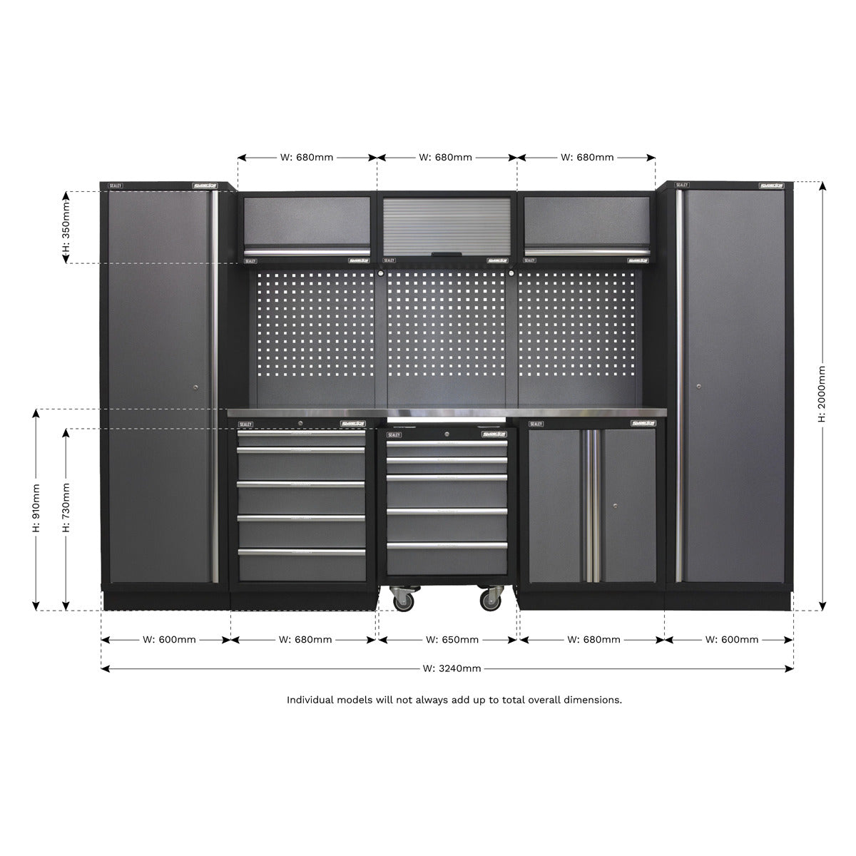Superline PRO Storage System with Stainless Worktop 3.24m APMSSTACK03SS