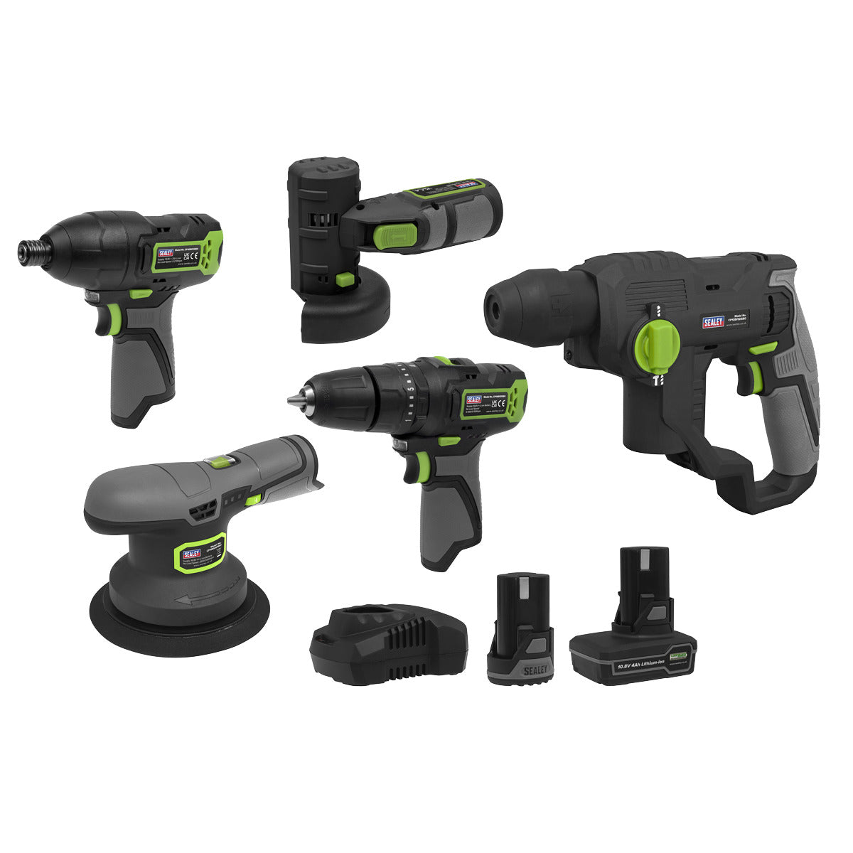 Sealey 5 x SV10.8 Series Cordless Power Tool Kit 10.8V - 2 Batteries CP108VCOMBO7