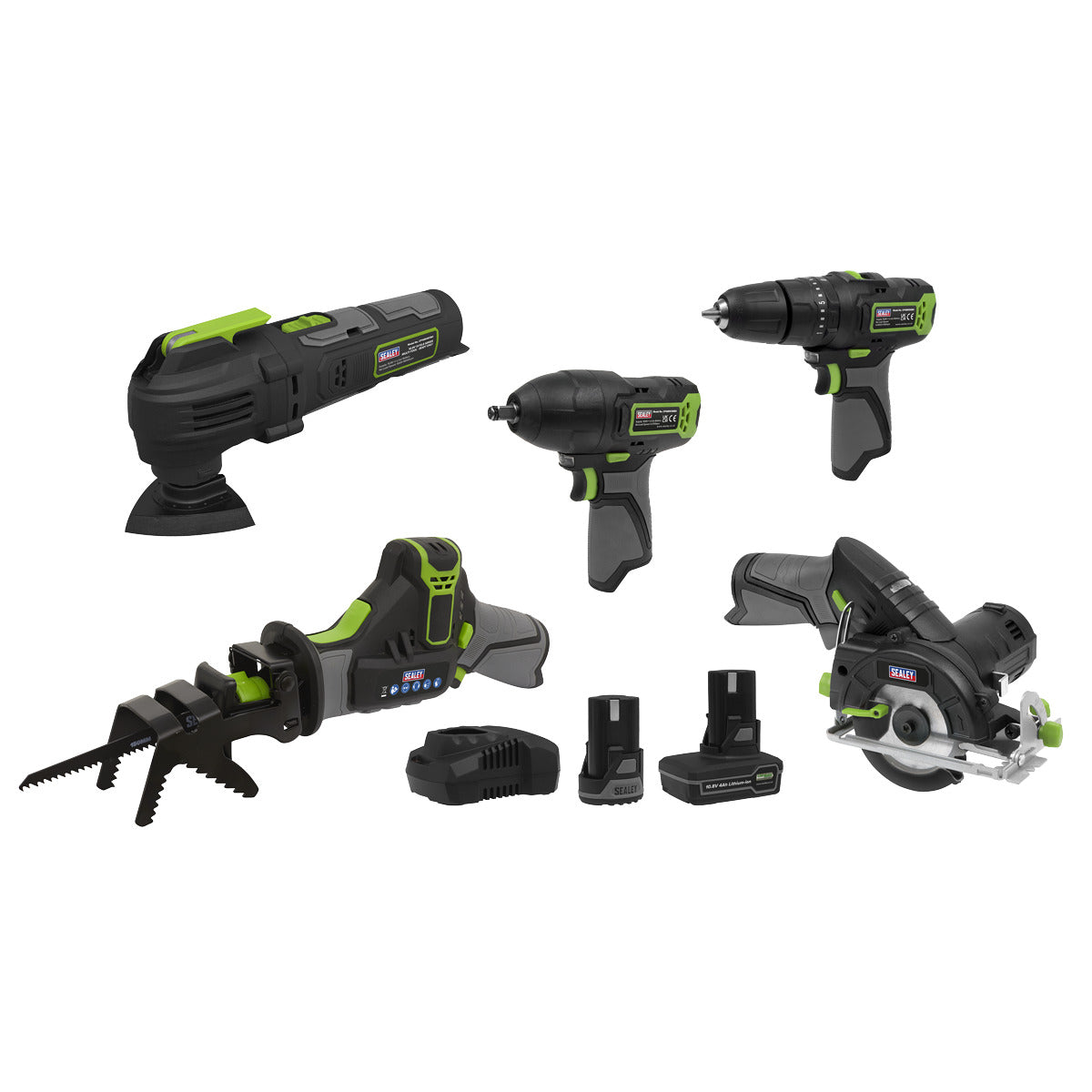 Sealey 5 x SV10.8 Series Cordless Power Tool Kit 10.8V - 2 Batteries CP108VCOMBO8