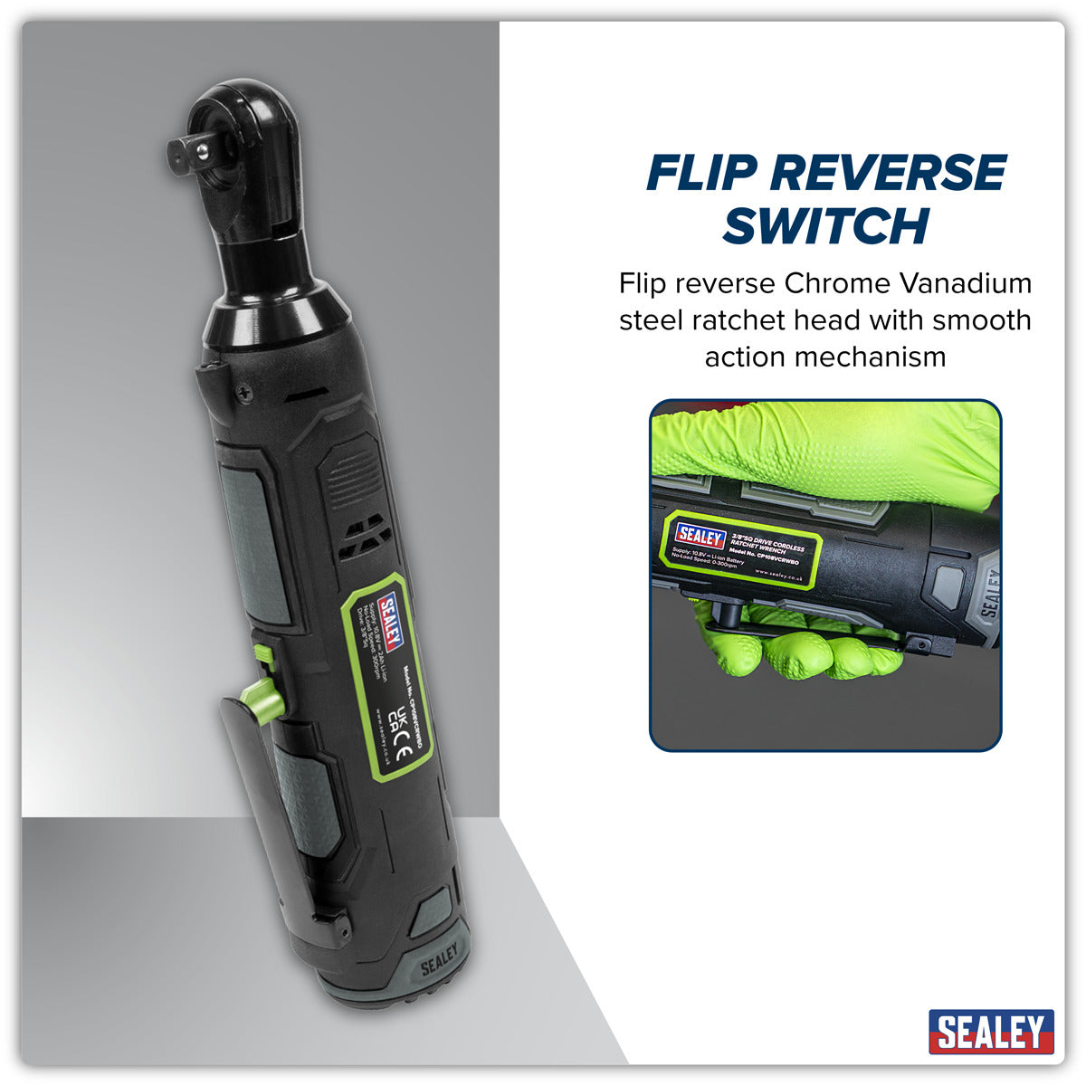 Sealey SV10.8 Series 3/8"Sq Drive Cordless Ratchet Wrench Kit 45Nm 10.8V 2Ah CP108VCRW