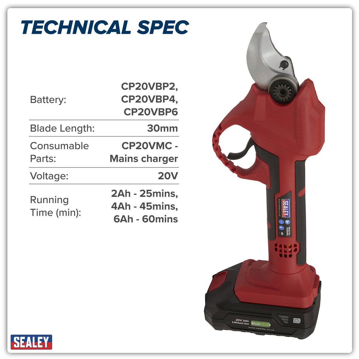 Sealey SV20 Series Brushless Cordless Pruning Shears Kit 20V 2Ah - 2 Batteries CP20VPSKIT
