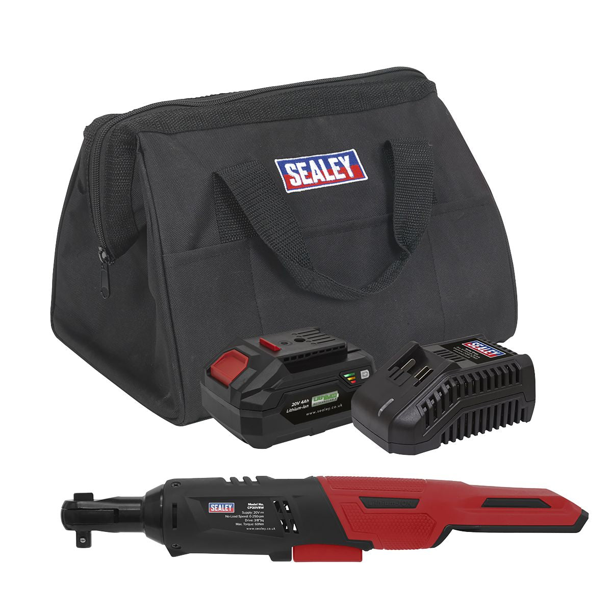 Sealey SV20 Series 3/8"Sq Drive Cordless Ratchet Wrench Kit 60Nm 20V 4Ah - Image 1