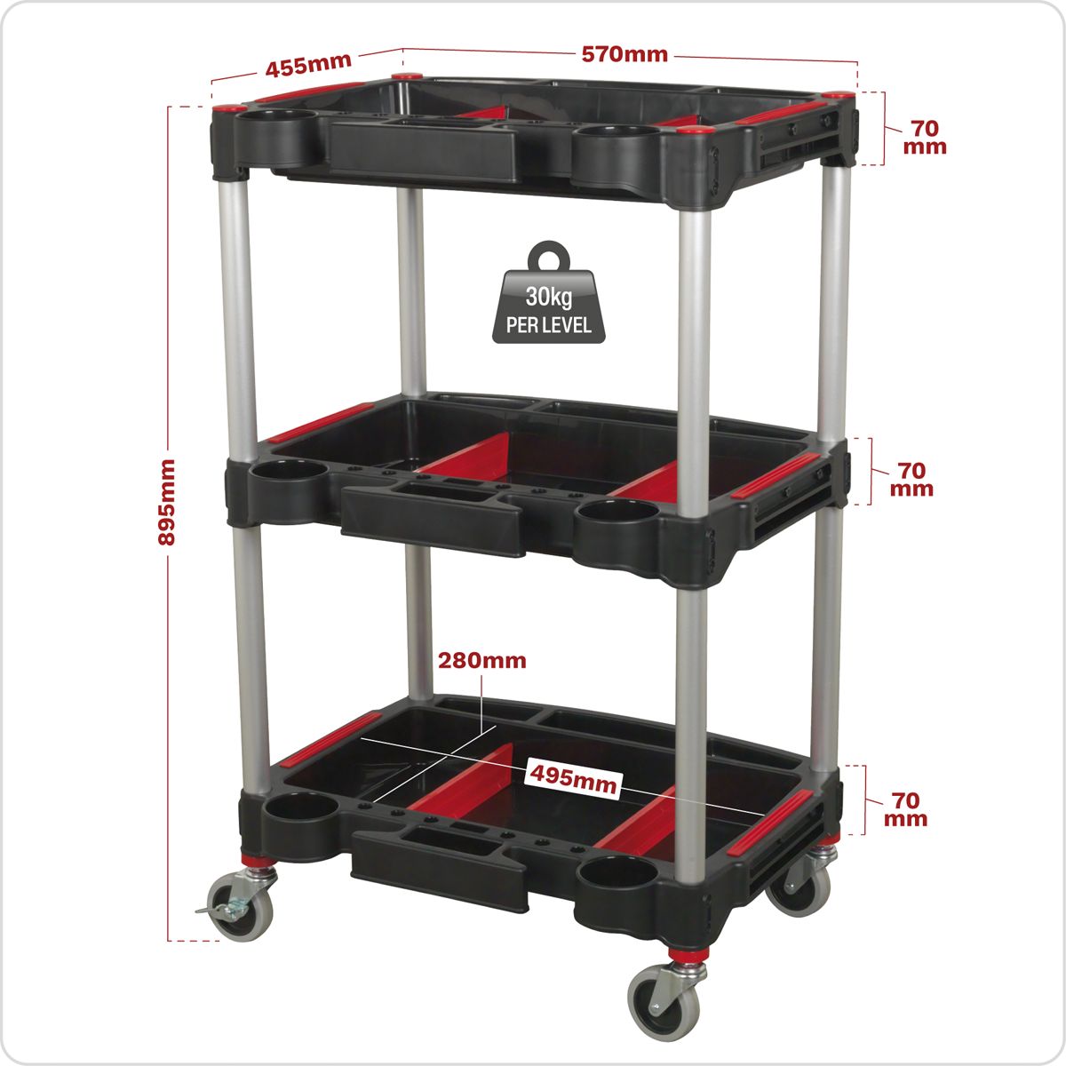 Sealey Composite Workshop Trolley with Parts Storage 3-Level - Image 3