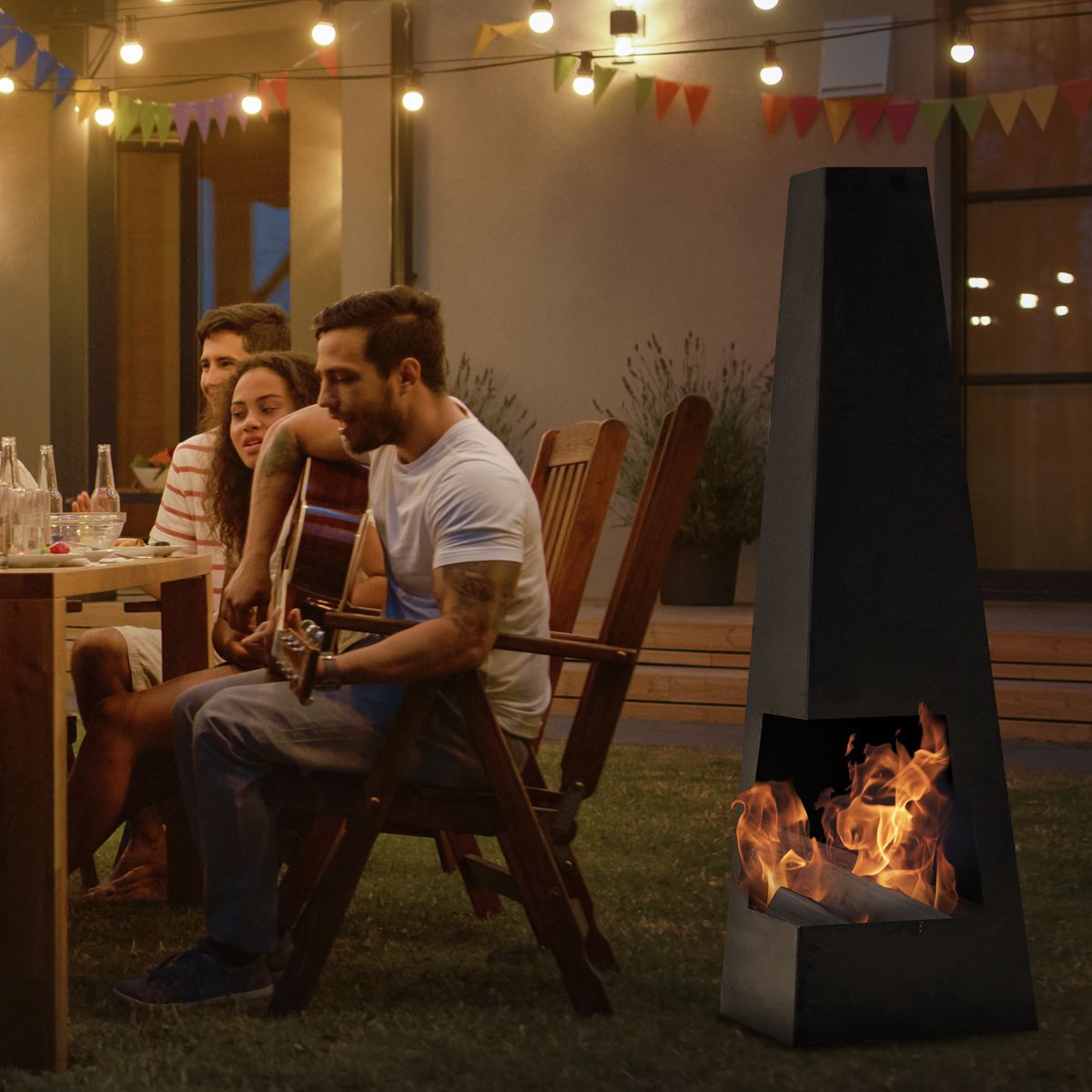 Dellonda Chiminea, Wood Burner, Heater for Outdoors W45cm x H150cm - Black Steel - Image 3
