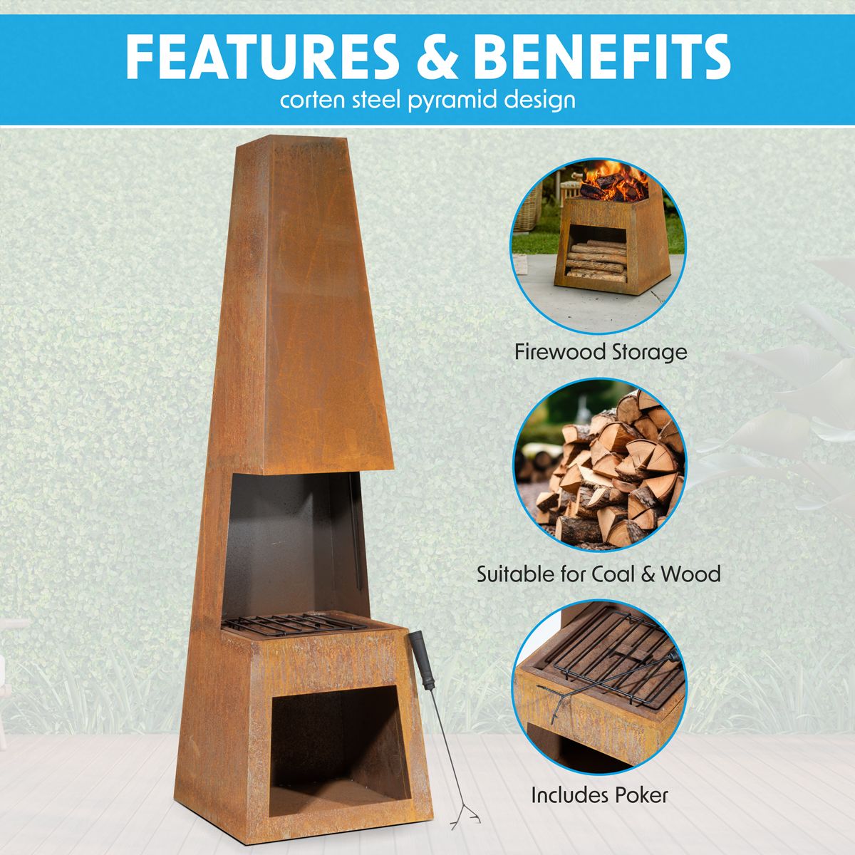 Dellonda Outdoor Chiminea Fireplace Heater Firewood Storage - Corten Steel - Image 6