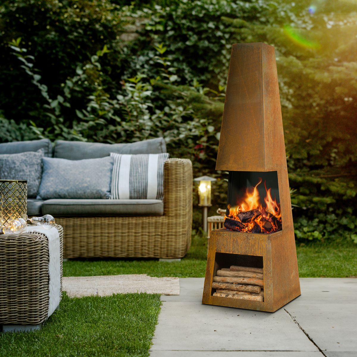 Dellonda Outdoor Chiminea Fireplace Heater Firewood Storage - Corten Steel - Image 7