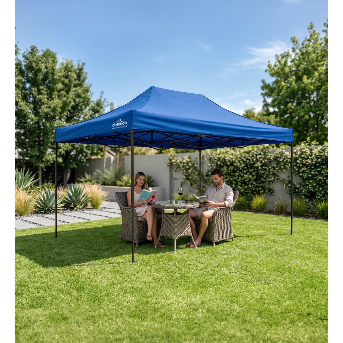 Dellonda Premium 3 x 4.5m Pop-Up Gazebo, Heavy Duty, PVC Coated, Water-Resistant Fabric, Supplied with Carry Bag, Rope, Stakes & Weight Bags - Blue Canopy DG135
