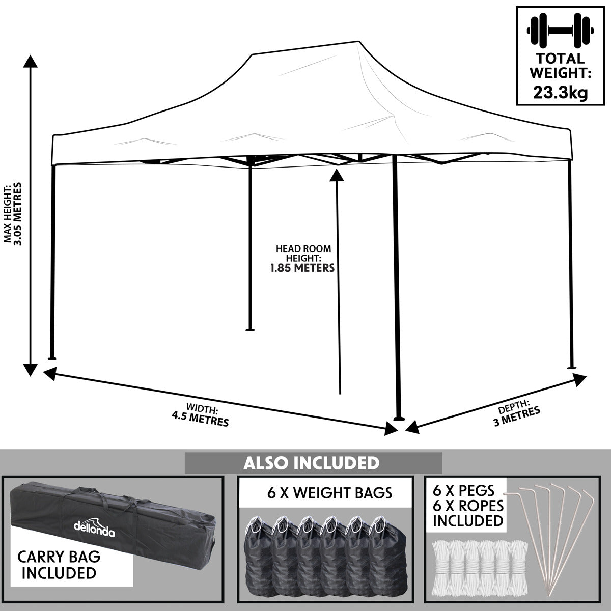 Dellonda Premium 3 x 4.5m Pop-Up Gazebo, Heavy Duty, PVC Coated, Water-Resistant Fabric, Supplied with Carry Bag, Rope, Stakes & Weight Bags - Dark Green Canopy DG136