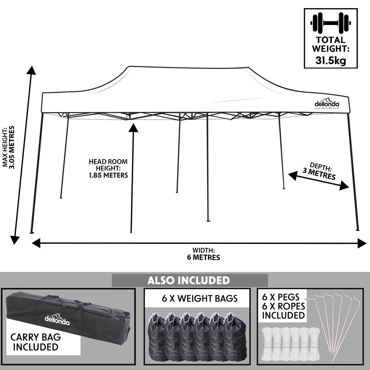 Dellonda Premium 3x6m Pop-Up Gazebo, Heavy Duty, PVC Coated, Water-Resistant Fabric Supplied with Carry Bag, Rope, Stakes & Weight Bags - Beige Canopy DG138