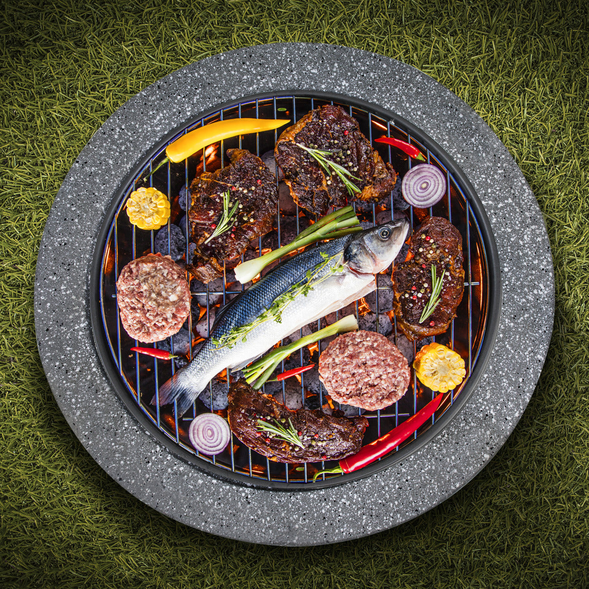 Dellonda Round MgO Fire Pit with BBQ Grill & Safety Mesh Screen 60cm - Dark Grey DG189