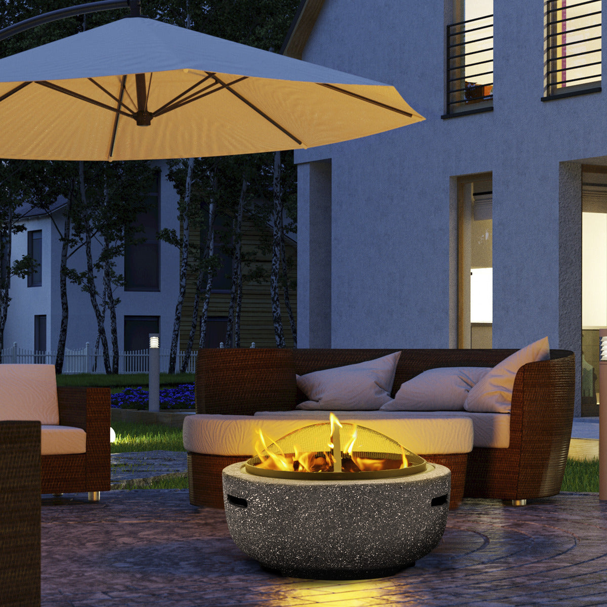 Dellonda Round MgO Fire Pit with BBQ Grill & Safety Mesh Screen 60cm - Dark Grey DG189