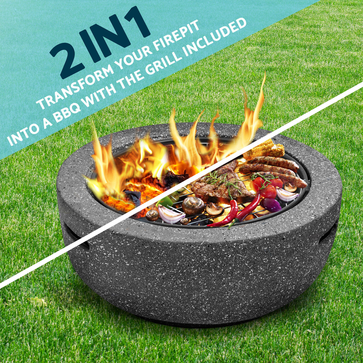 Dellonda Round MgO Fire Pit with BBQ Grill & Safety Mesh Screen 60cm - Dark Grey DG189