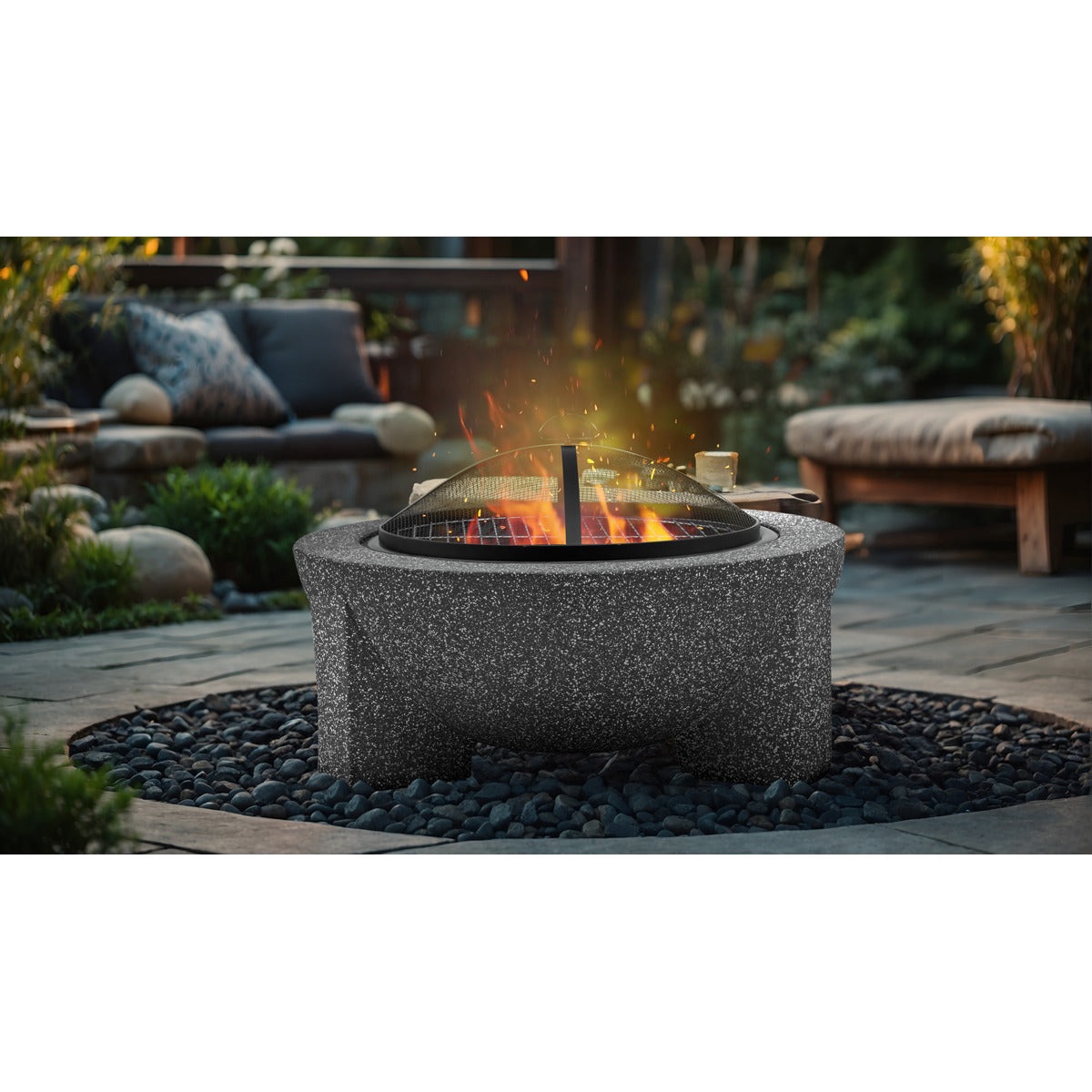 Dellonda Round MgO Fire Pit with BBQ Grill & Safety Mesh Screen 75cm - Dark Grey DG191