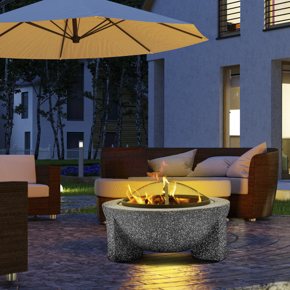 Dellonda Round MgO Fire Pit with BBQ Grill & Safety Mesh Screen 75cm - Dark Grey DG191
