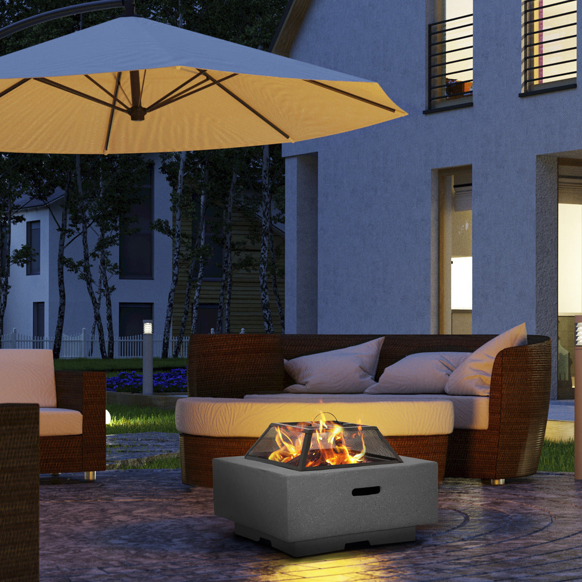 Dellonda Square MgO Fire Pit with BBQ Grill, Safety Mesh Screen - Dark Grey DG193