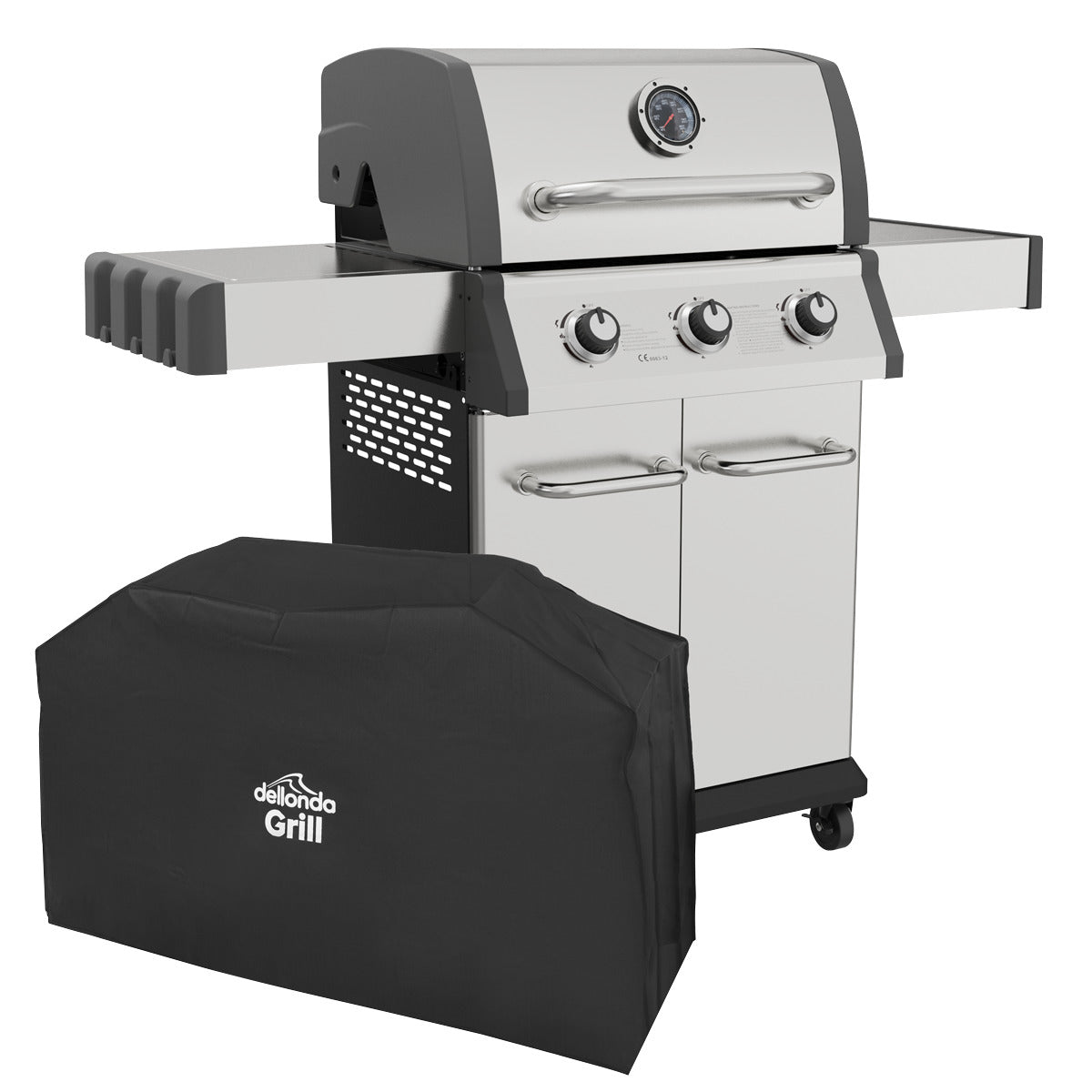 Dellonda 3 Burner Deluxe Gas BBQ Grill with Piezo Ignition & Thermometer & Cover - Stainless Steel DG230