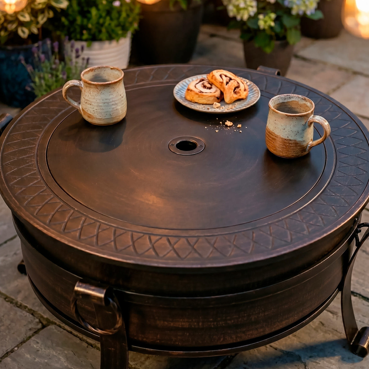 Dellonda Deluxe 2-in-1 Outdoor Fire Pit/Coffee Table with Drawstring Cover 93cm Antique Bronze Effect DG237