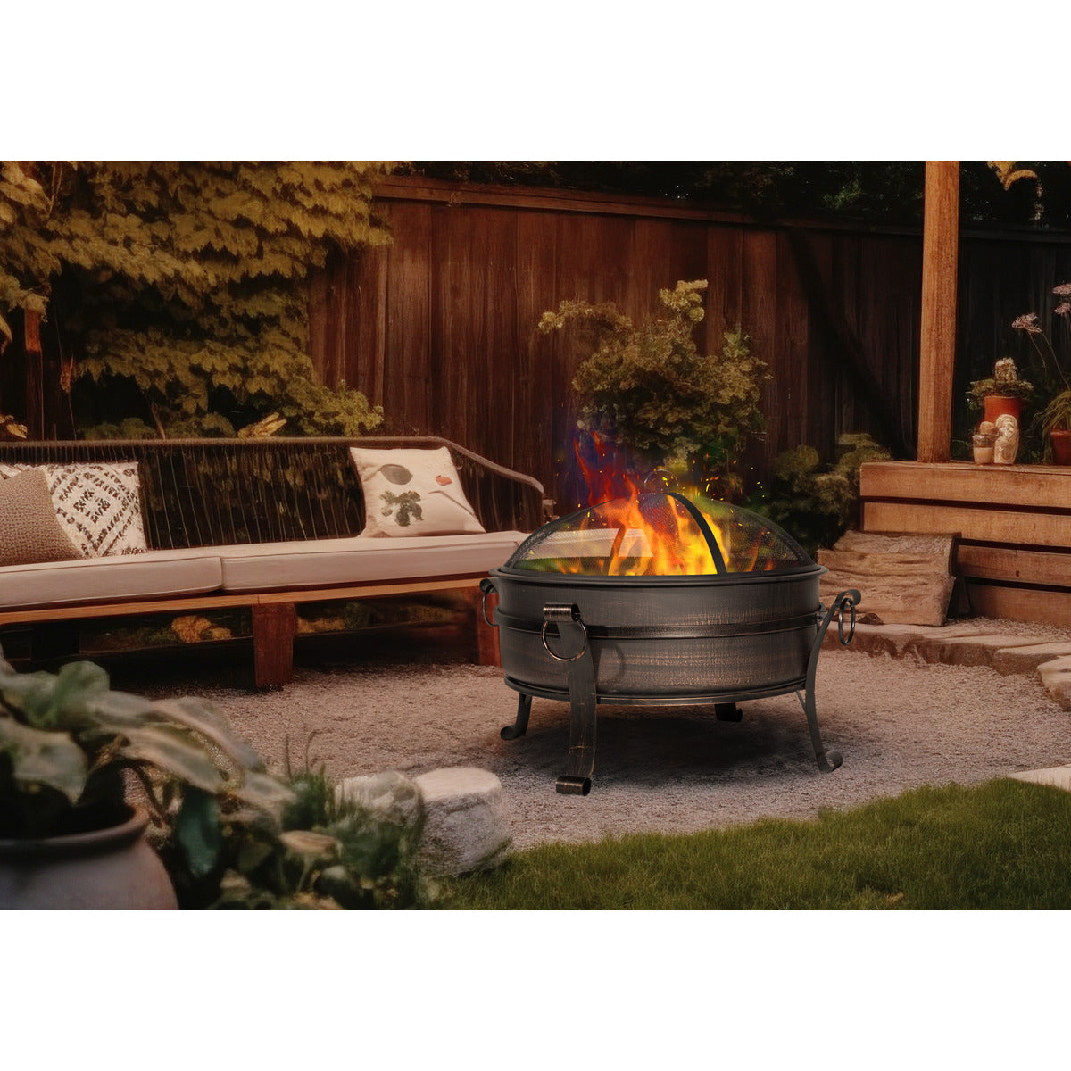 Dellonda Deluxe 2-in-1 Outdoor Fire Pit/Coffee Table with Drawstring Cover 93cm Antique Bronze Effect DG237