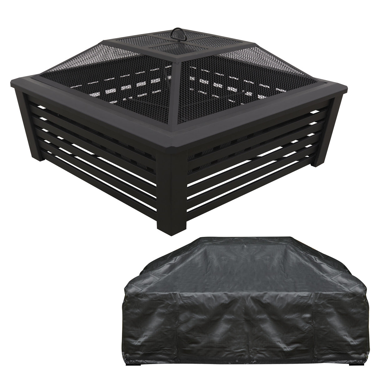 Dellonda 89cm Square Outdoor Fire Pit, Mesh Screen Lid, Black with Water-Resistant Drawstring Cover DG238