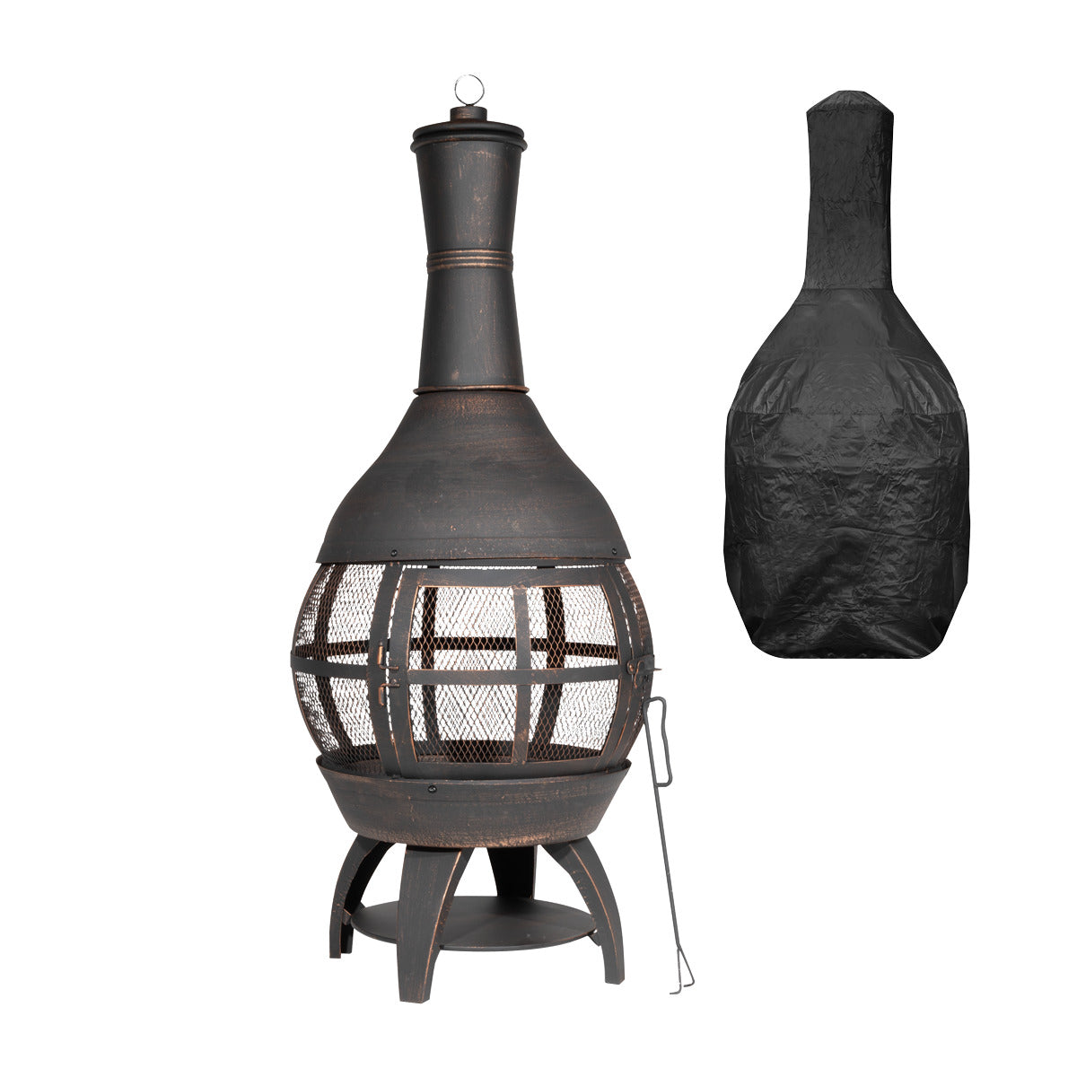 Dellonda Deluxe 360° Chiminea/Fire Pit/Outdoor Heater with Fire Poker & Water-Resistant Drawstring Cover - Antique Bronze Finish - DG241 DG241