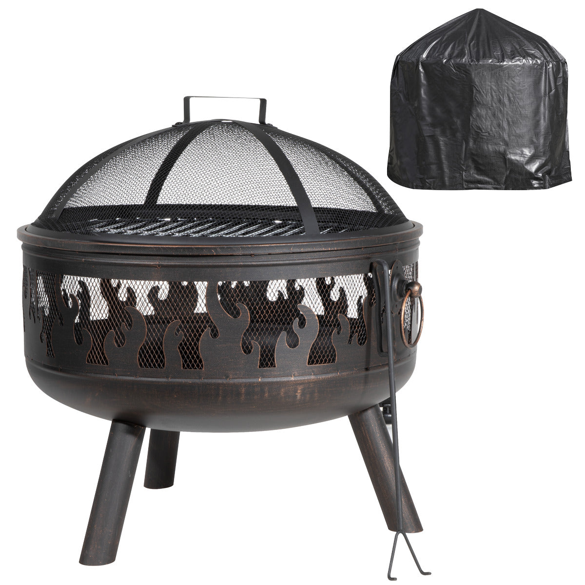 Dellonda Deluxe 24" Fire Pit, Fireplace, Outdoor Patio Heater, Decoration Rings, Supplied with Cooking Grill, Safety Screen, Poker & Cover DG242
