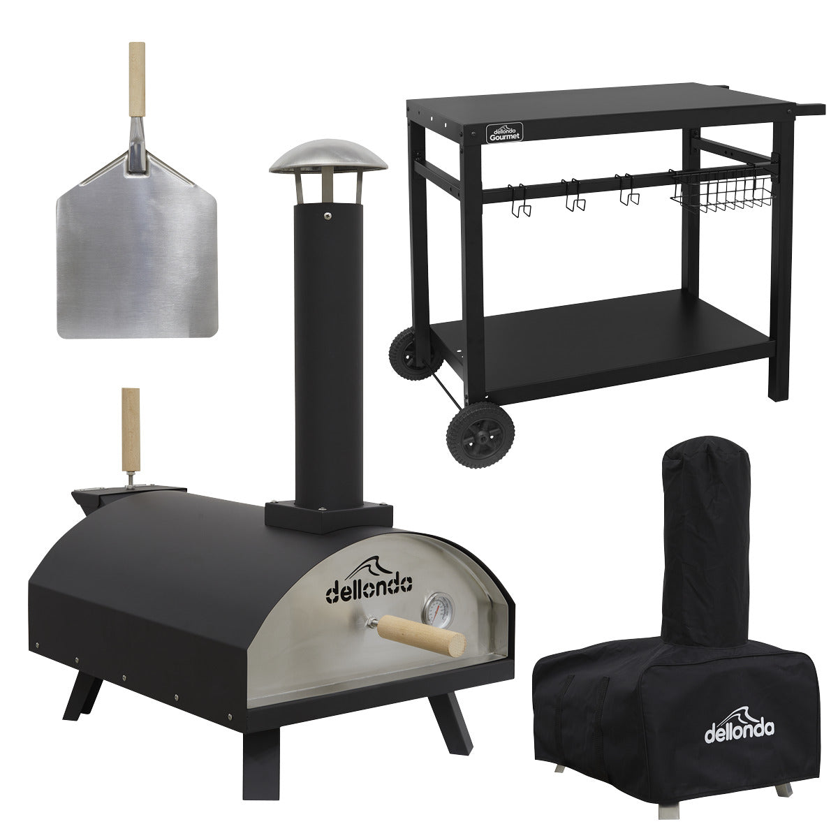 Dellonda Wood-Fired Pizza Oven, Pizza Peel, Cover & Plancha Trolley 14" - Black DG258