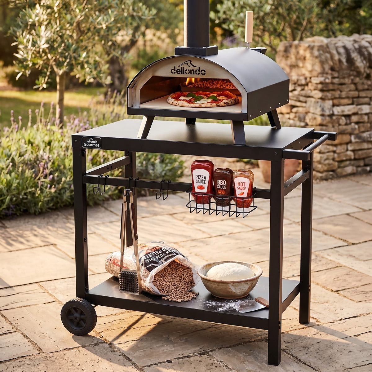 Dellonda Wood-Fired Pizza Oven, Pizza Peel, Cover & Plancha Trolley 14" - Black DG258
