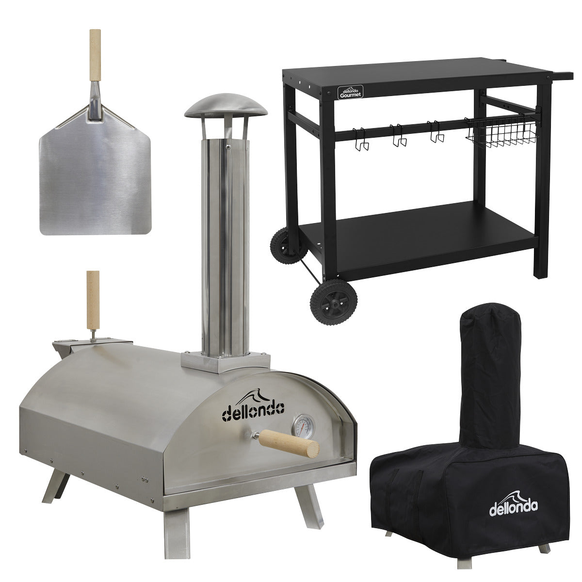 Dellonda Wood-Fired Pizza Oven, Pizza Peel, Cover & Plancha Trolley 14" - Stainless Steel DG259