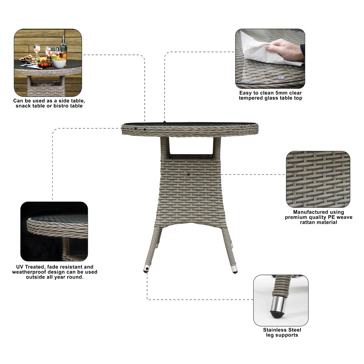 Dellonda Chester Rattan Wicker Round Outdoor Table with Tempered Glass Top DG65