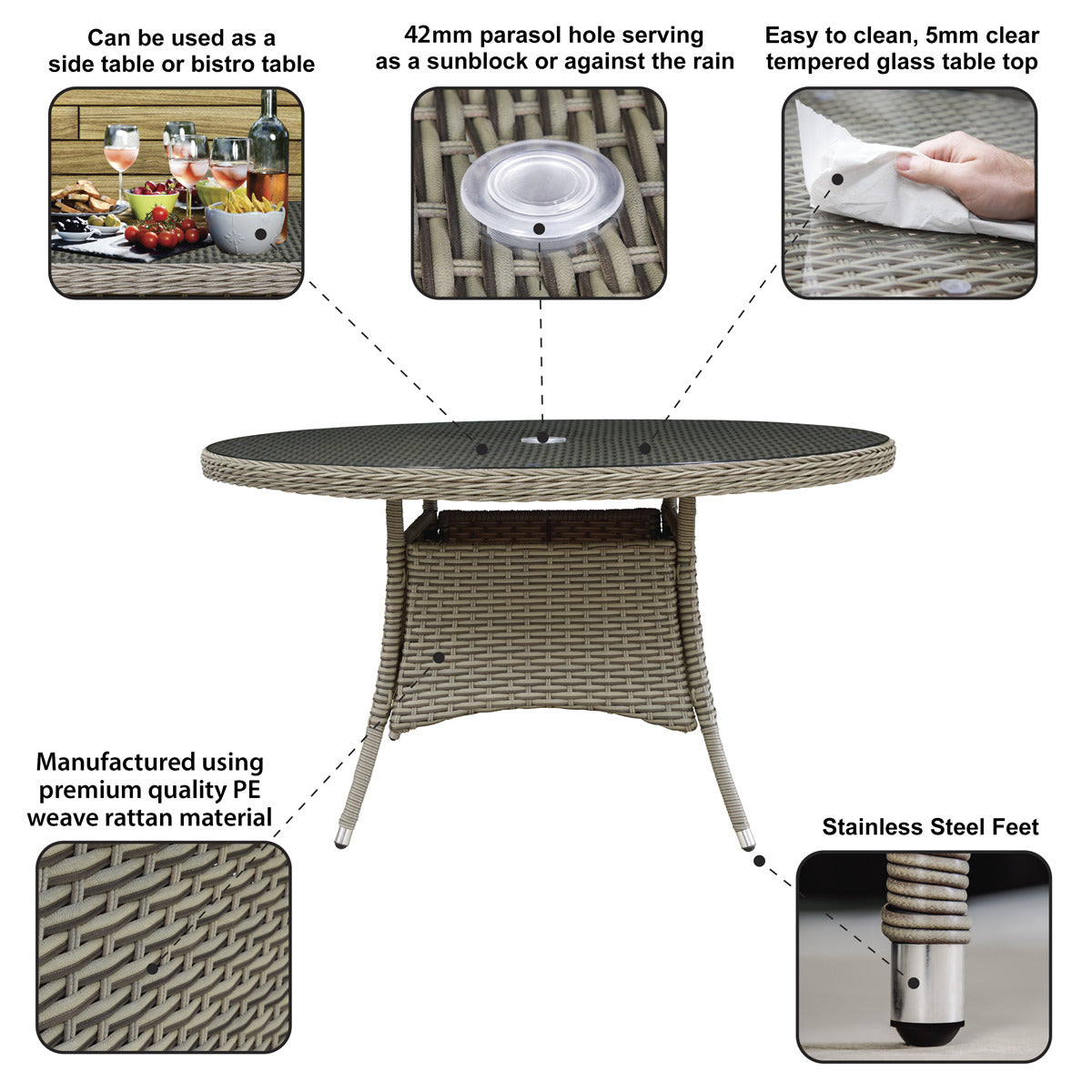 Dellonda Chester Rattan Wicker Round Outdoor Dining Table with Tempered Glass Top DG67