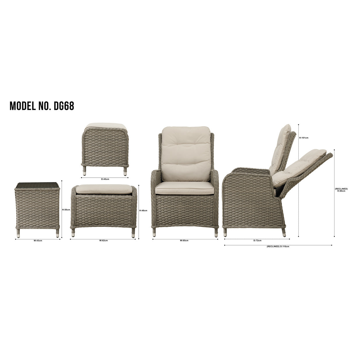 Dellonda Chester Rattan Wicker Outdoor Recliner Loungers & Table Set 5pc DG68