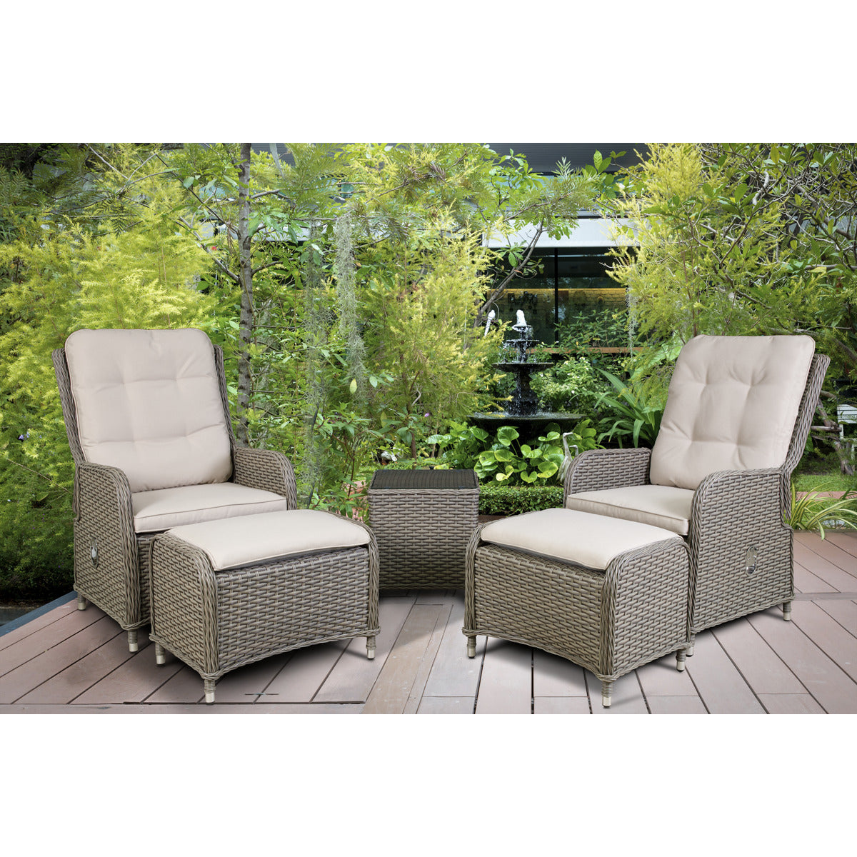 Dellonda Chester Rattan Wicker Outdoor Recliner Loungers & Table Set 5pc DG68