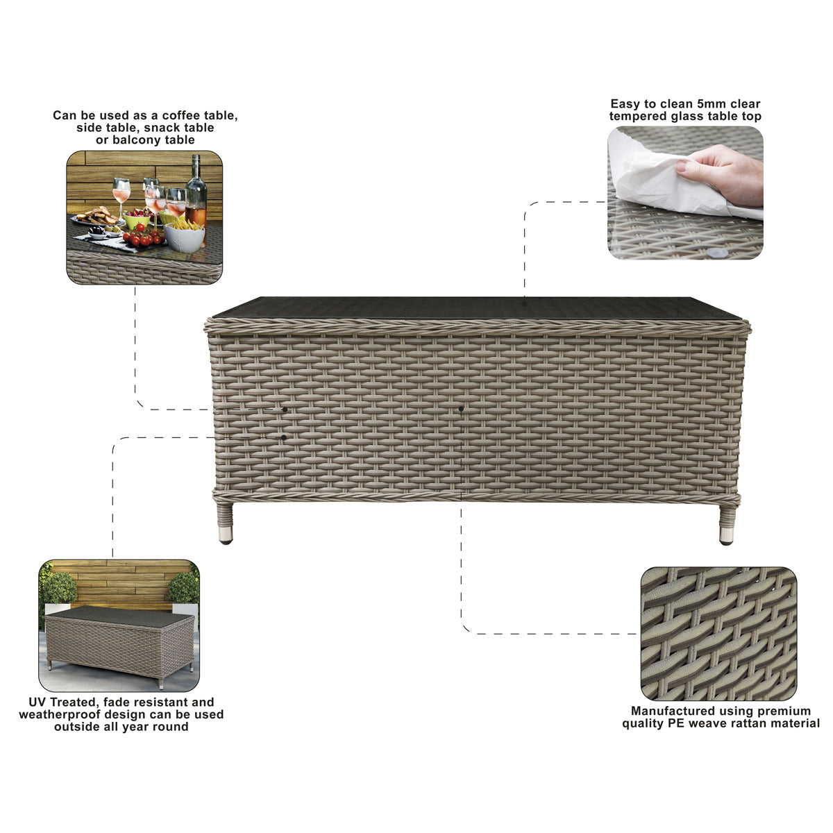 Dellonda Chester Rattan Wicker Outdoor Balcony Table with Tempered Glass Top DG71