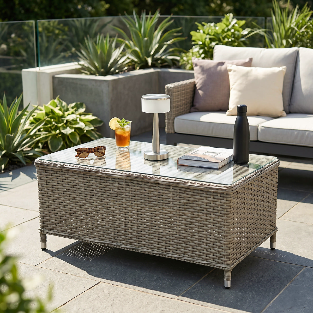 Dellonda Chester Rattan Wicker Outdoor Balcony Table with Tempered Glass Top DG71