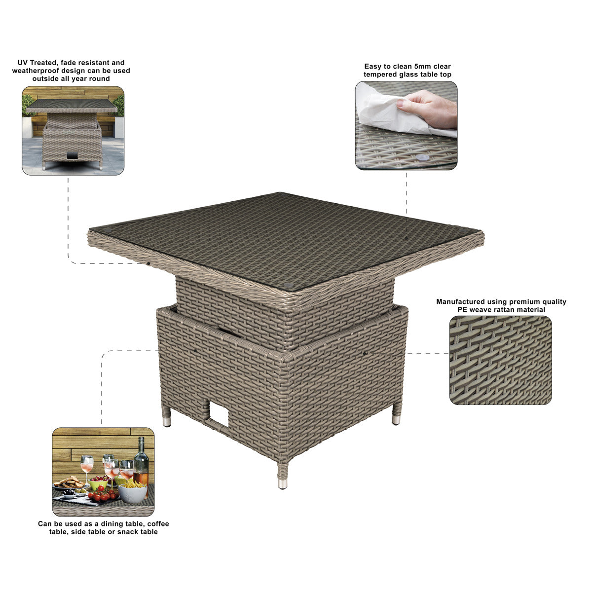 Dellonda Chester Rattan Wicker Adjustable-Height Outdoor Dining Table DG73