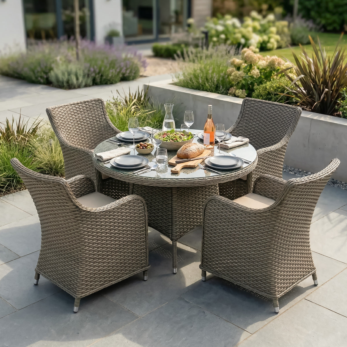 Dellonda Chester Rattan Wicker Outdoor Dining Set with Tempered Glass Tabletop 7pc DG85