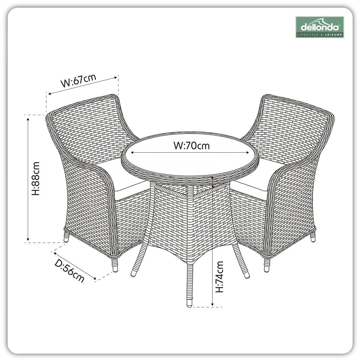 Dellonda Chester Rattan Wicker Outdoor Dining Set with Tempered Glass Tabletop 3pc DG86