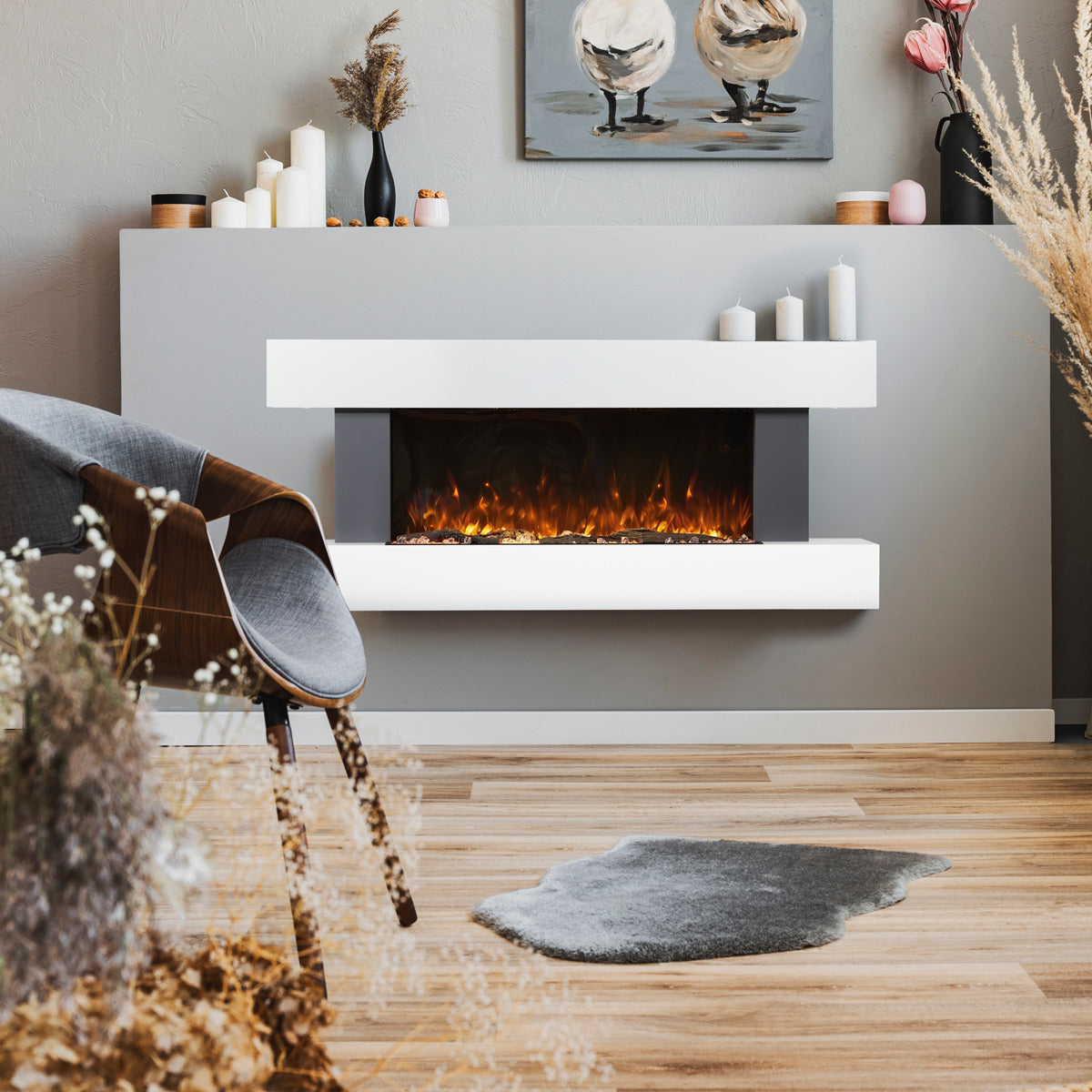 Baridi Wall Mounting Electric Fireplace with LED Flame Effect 52" - Grey DH112