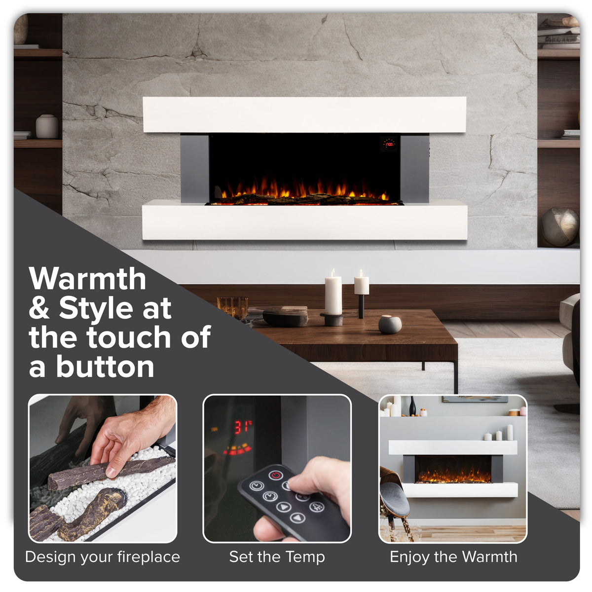 Baridi Wall Mounting Electric Fireplace with LED Flame Effect 52" - Grey DH112