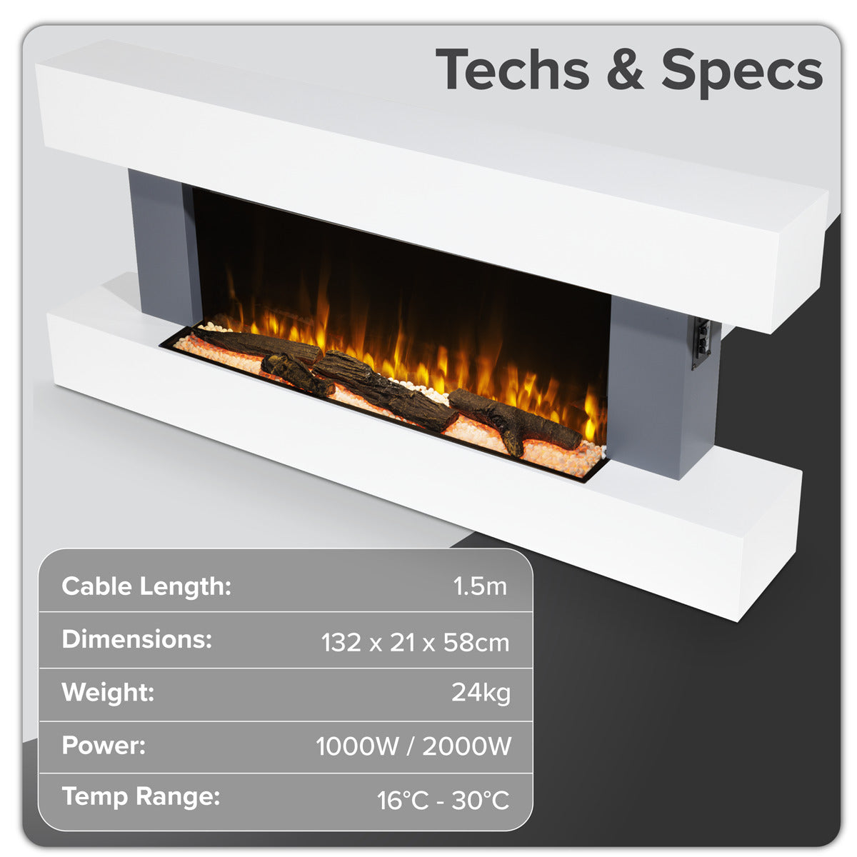 Baridi Wall Mounting Electric Fireplace with LED Flame Effect 52" - Grey DH112