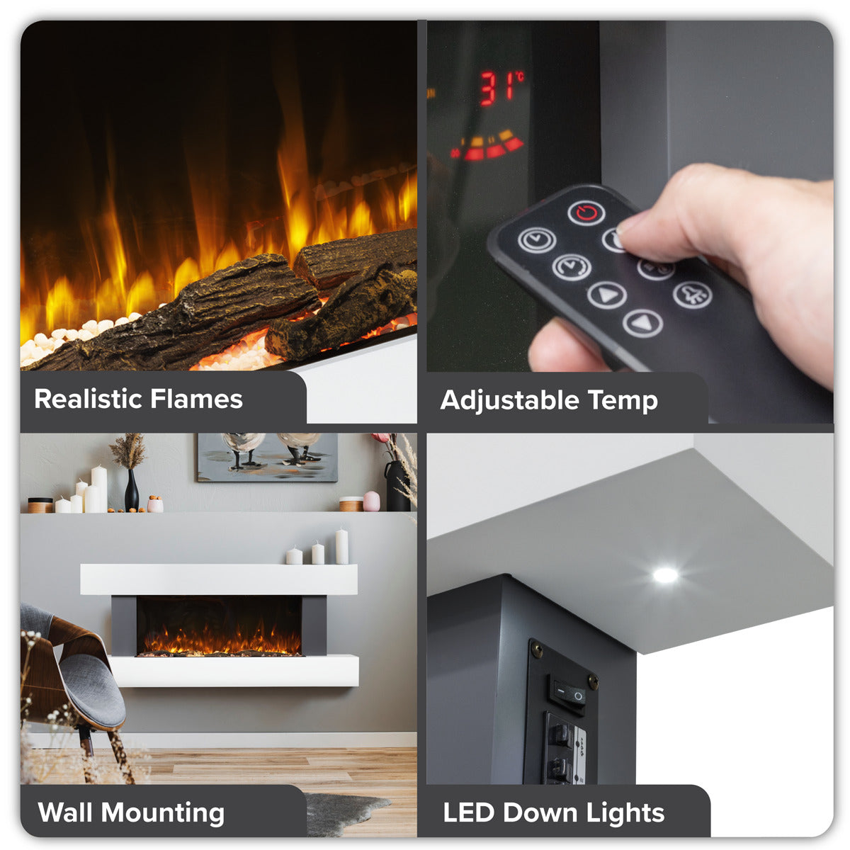 Baridi Wall Mounting Electric Fireplace with LED Flame Effect 52" - Grey DH112
