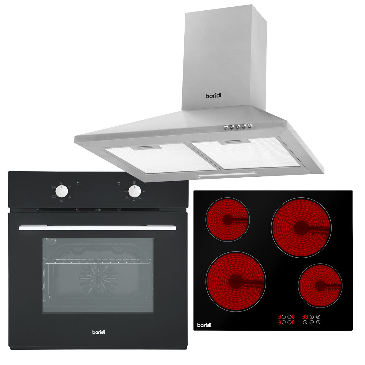 Baridi Integrated Ceramic Hob with 4 Cooking Zones, Integrated Fan-Assisted Electric Oven & Cooker Hood with Carbon Filters DH185