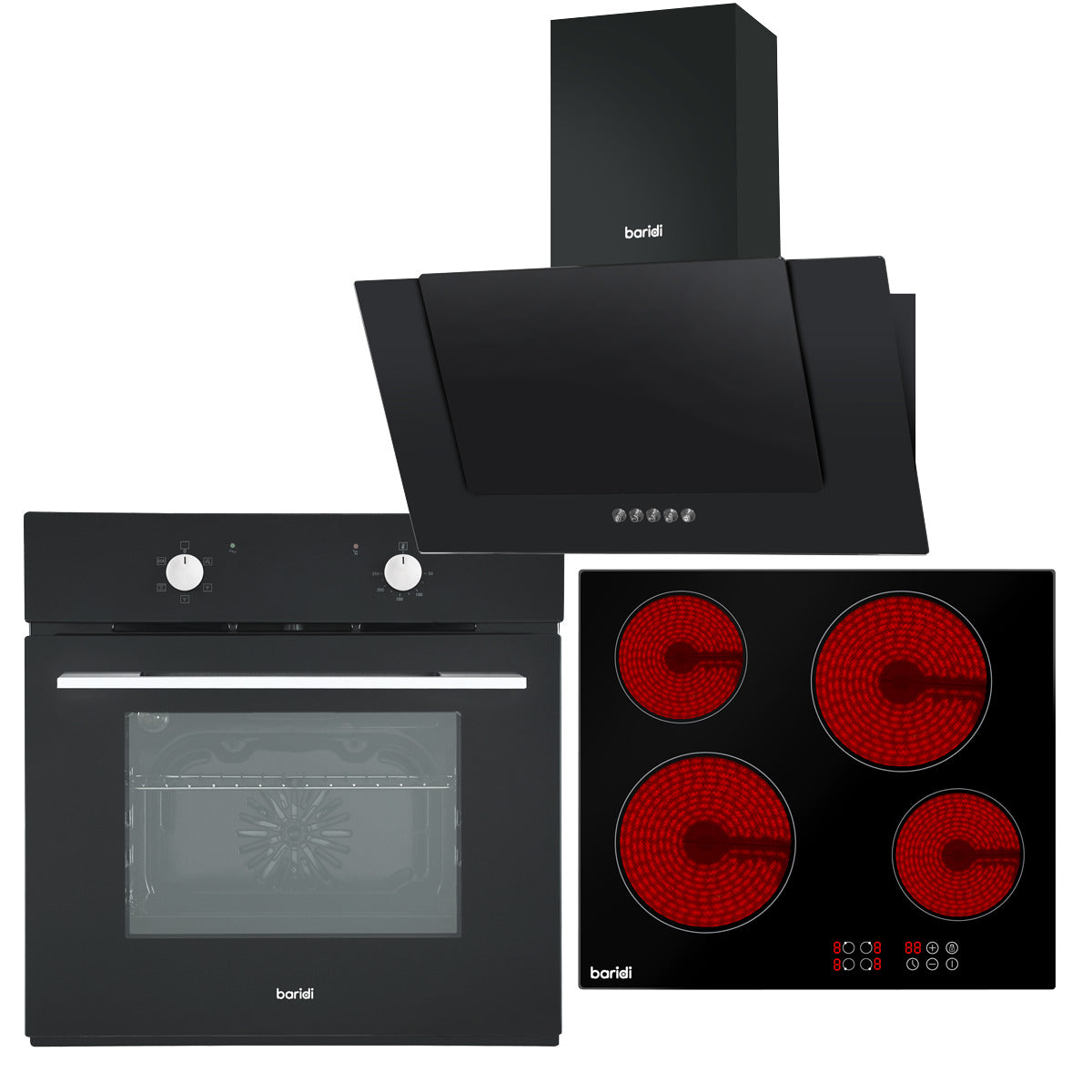 Baridi Integrated Ceramic Hob with 4 Cooking Zones, Integrated Fan-Assisted Electric Oven & Angled Chimney Cooker Hood with Carbon Filters & LED Lamp DH186