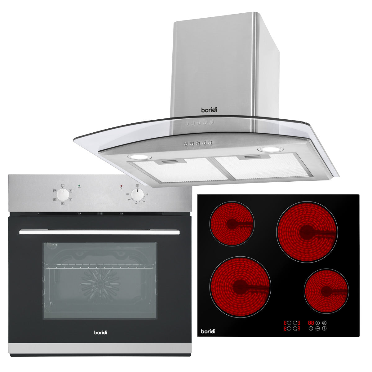 Baridi Integrated Ceramic Hob with 4 Cooking Zones, Integrated Fan-Assisted Electric Oven & Curved Glass Cooker Hood with Carbon Filters & LED Lights DH187