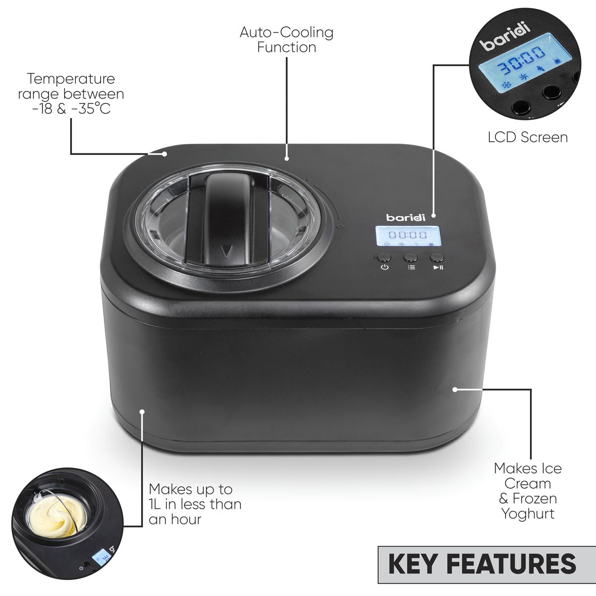 Baridi Automatic Churning Ice Cream Machine 1L - Black - Image 6