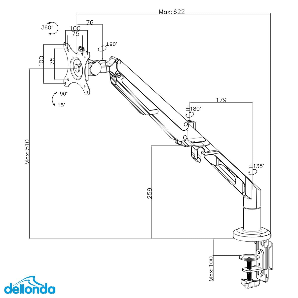 Dellonda Adjustable Single Monitor Arm with 360¬∞ Rotation - White - Image 4