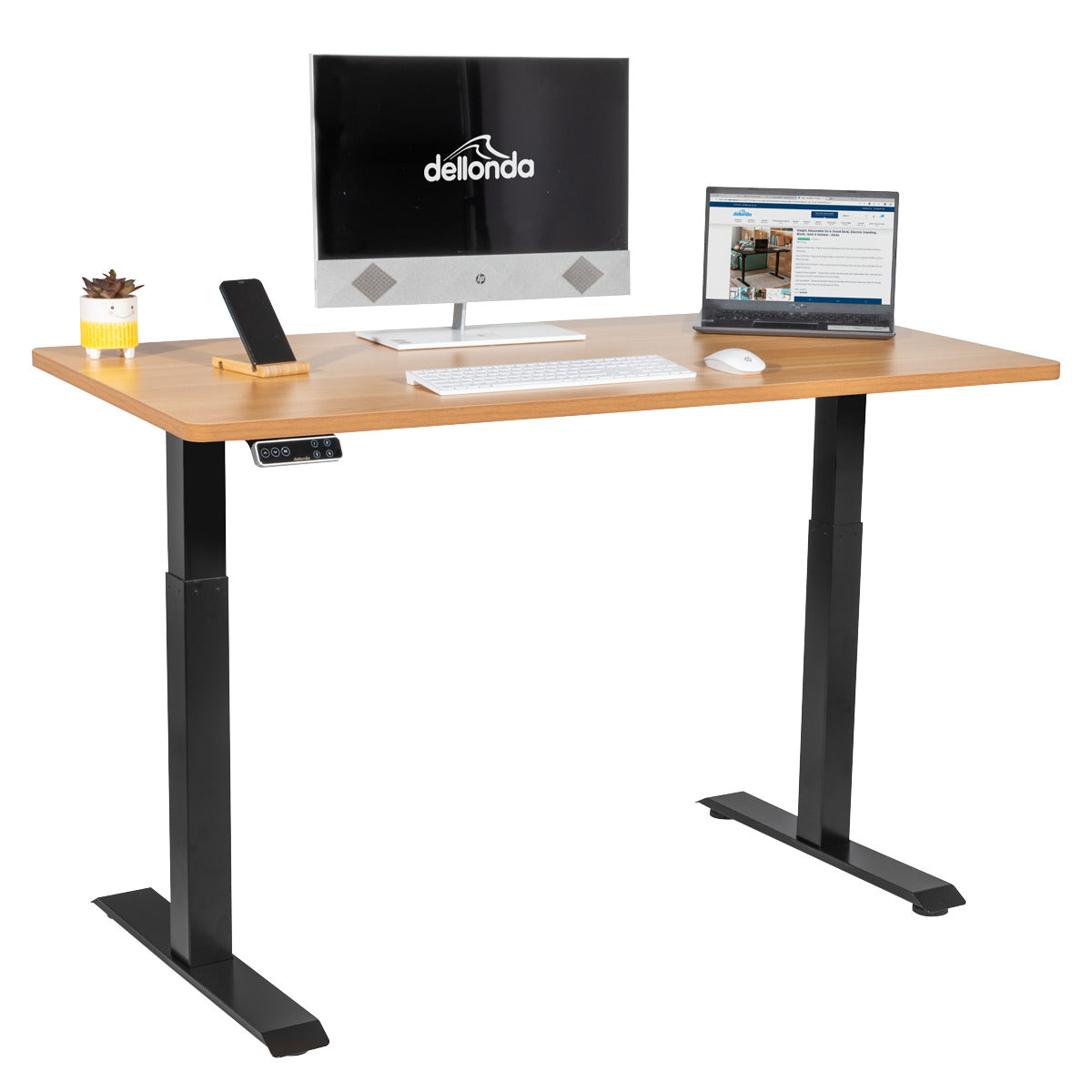 Dellonda Oak Electric Height Adjustable Standing Desk, 1400 x 700mm Dual Motor 100kg DH33