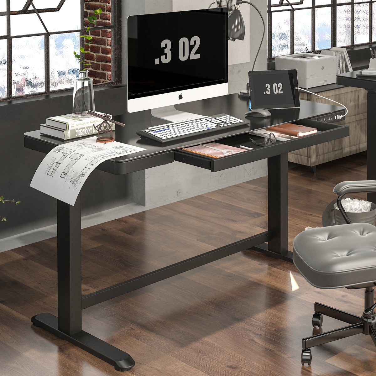 Dellonda Single Motor Ultra-Quiet Electric Desk with Control Panel, USB Port & Drawer - Black Desktop DH53